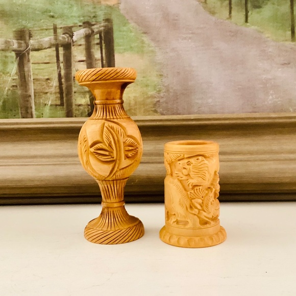 Handcrafted Carved Wooden Vase Pencil Holder Gift Set Of 2 Office Décor Vintage - Picture 2 of 15